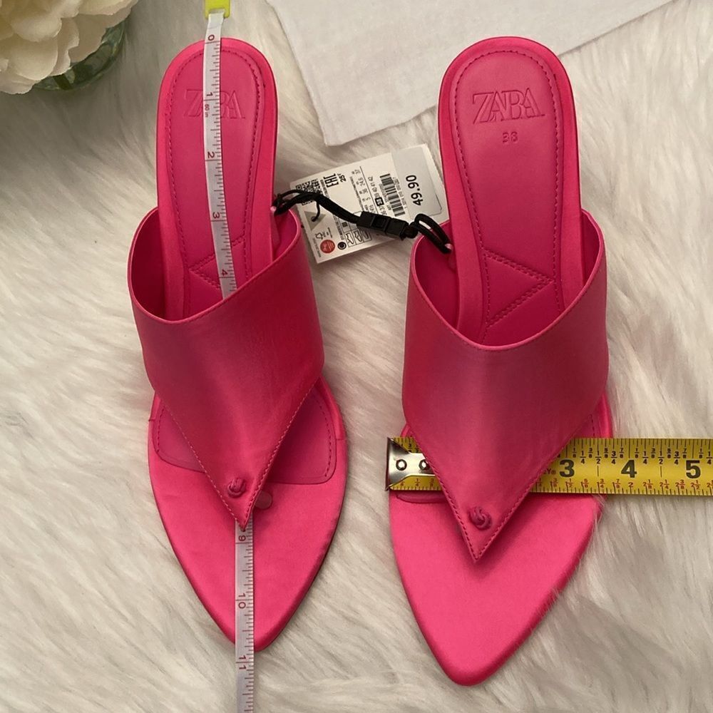 Zara Fuchsia Pink Satin Effect Pointed Toe High Heels Sandals Shoes - Picture 4 of 11